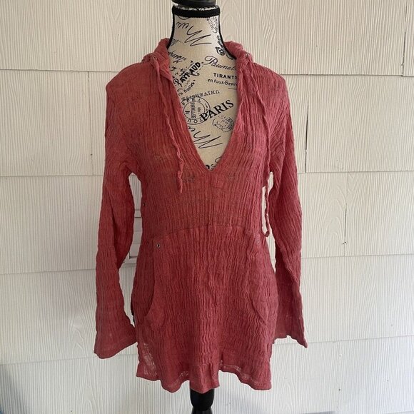 Chico’s Deep V-Neck Sheer Linen Scurunchy Hoodie Legenlook Women's Size 0 (H6) - Picture 1 of 13